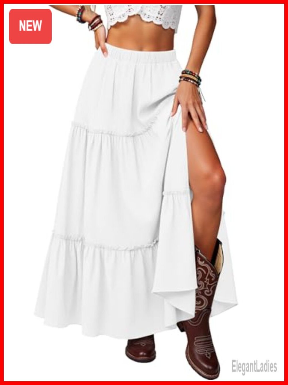 Women's Tiered Maxi Skirt Side Slit Ruffle A-Line Boho with Pockets